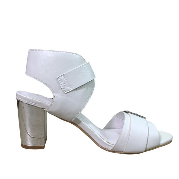 Chunky White Silver Metallic Heel Sandals - Picture 3 of 6